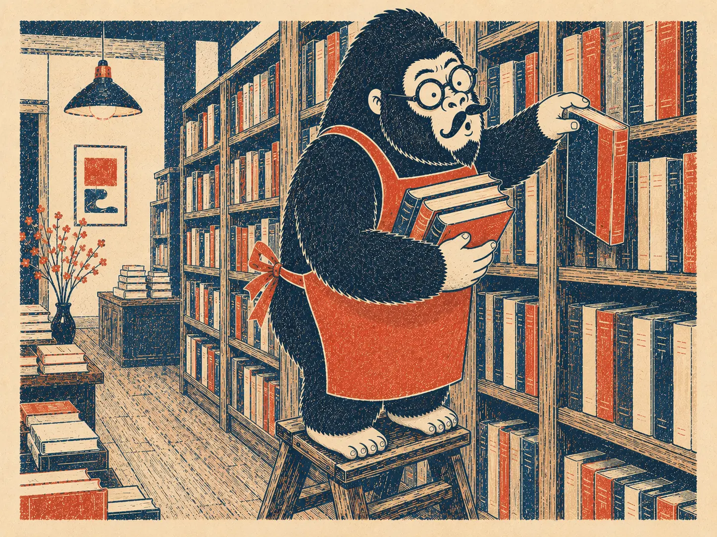眼鏡とひげのゴリラ店主が本を棚に並べる横道書店
